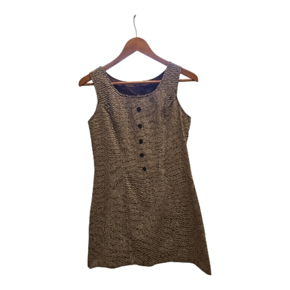 Textured Tweed Brown Sleeveless Shift Dress with Front Buttons